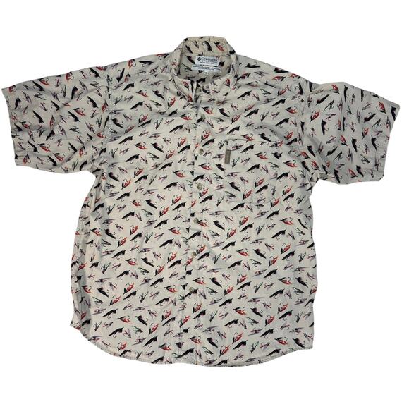 Columbia Fly Fishing Lure Print Shirt Men’s L Beige Short Sleeve Button Down - Picture 1 of 7